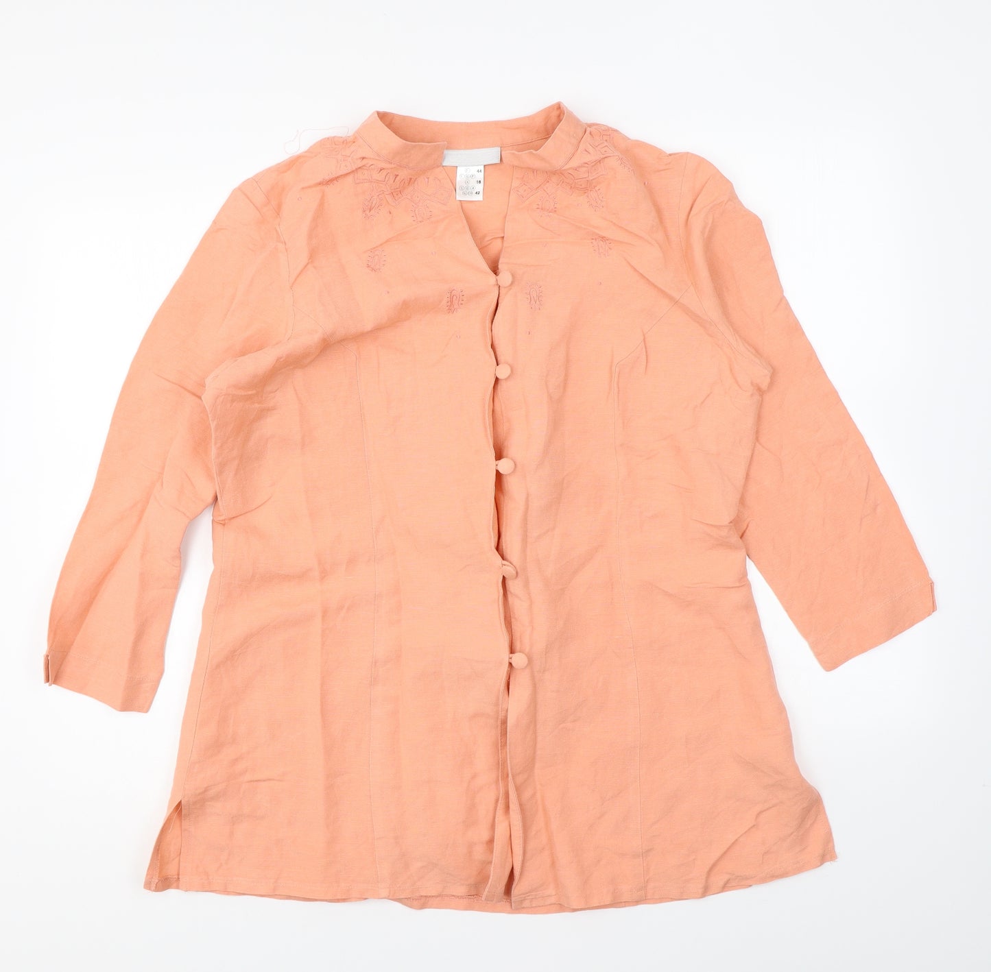 La Boutique Womens Orange Linen Basic Button-Up Size 16 V-Neck