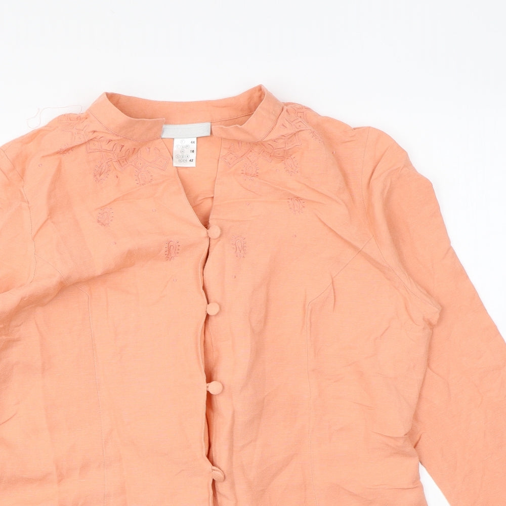 La Boutique Womens Orange Linen Basic Button-Up Size 16 V-Neck