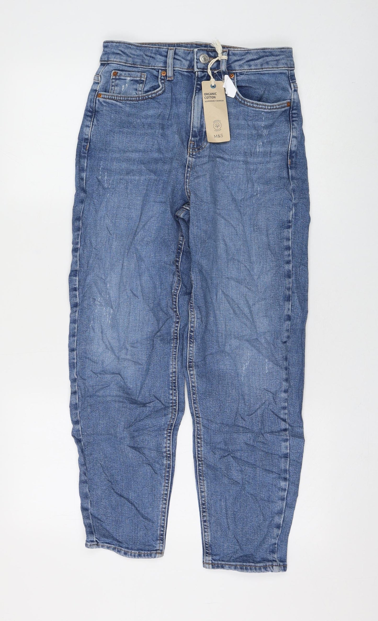 Marks and Spencer Womens Blue Cotton Mom Jeans Size 6 L25 in Regular Zip
