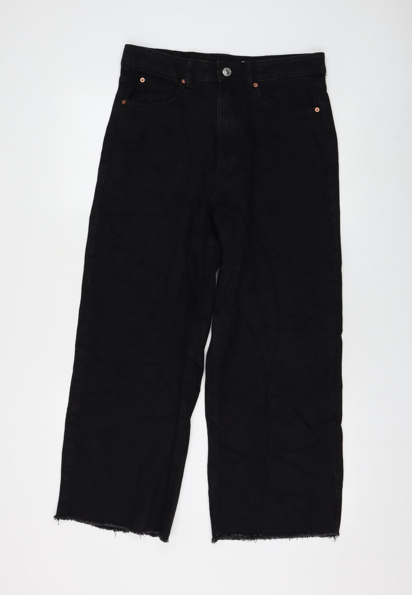 Marks and Spencer Womens Black Polyester Wide-Leg Jeans Size 12 L25 in Regular Zip - Cropped