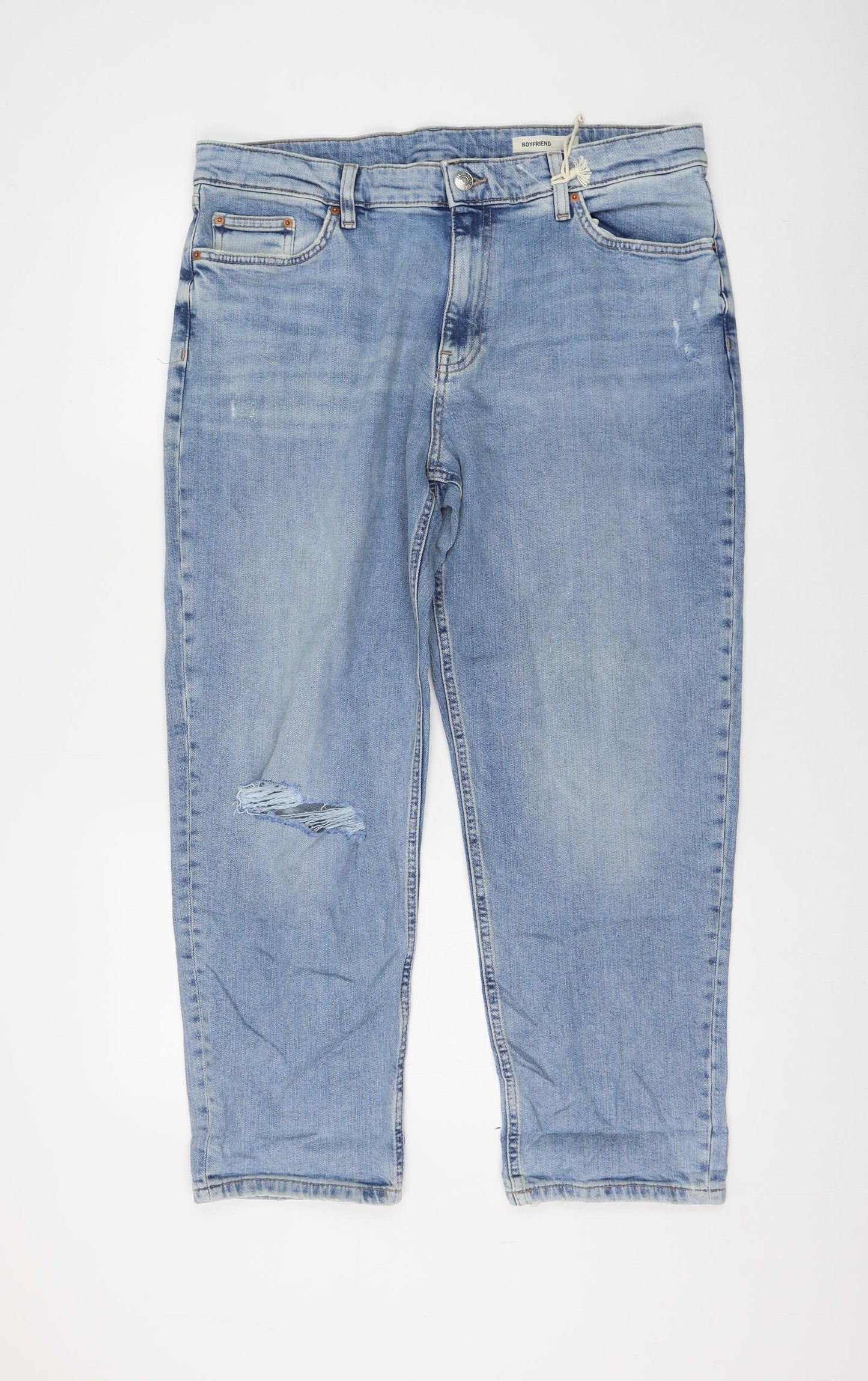 Marks and Spencer Womens Blue Cotton Boyfriend Jeans Size 16 L26 in Regular Zip