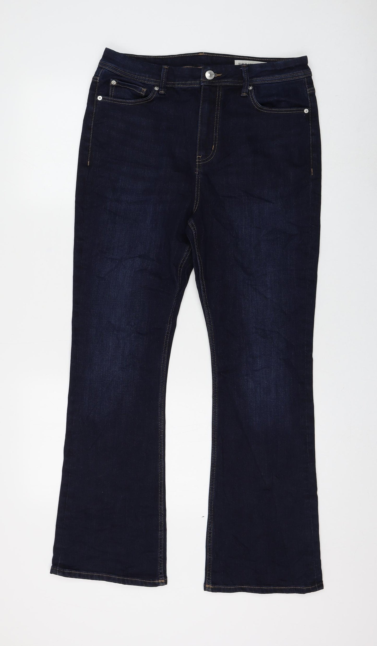 Marks and Spencer Womens Blue Cotton Flared Jeans Size 14 L28 in Regular Zip