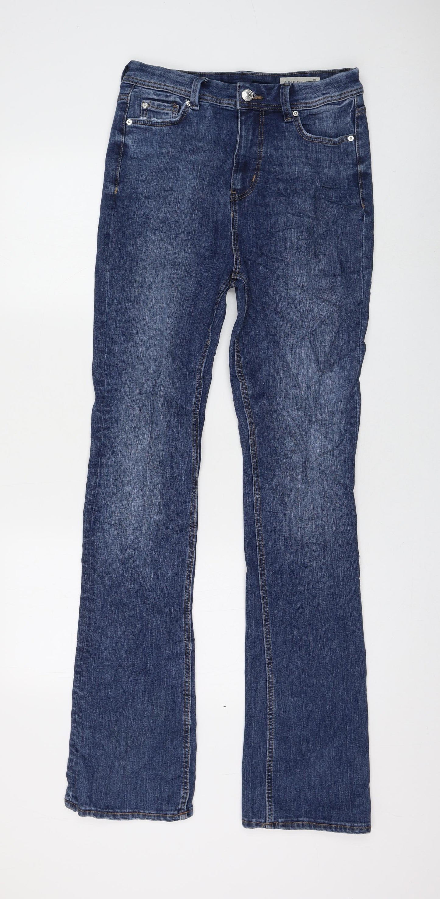 Marks and Spencer Womens Blue Cotton Flared Jeans Size 10 L33 in Regular Zip