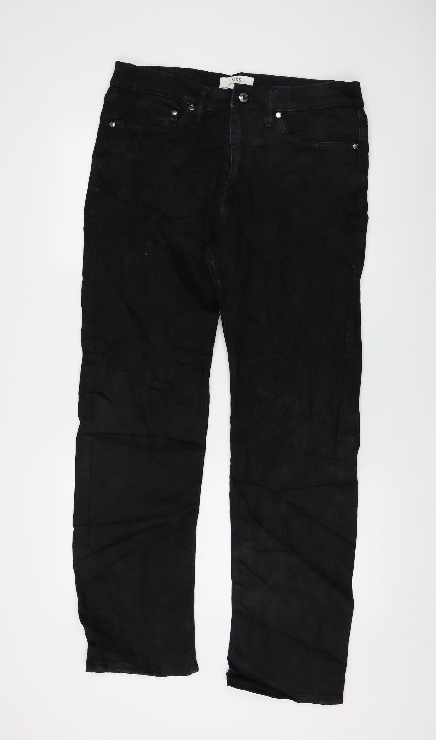 Marks and Spencer Womens Black Cotton Straight Jeans Size 32 in L33 in Regular Zip