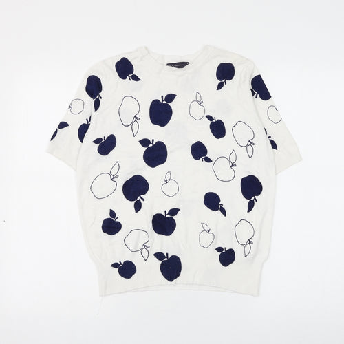 Marks and Spencer Womens White Round Neck Geometric Viscose Pullover Jumper Size 10 - Apple