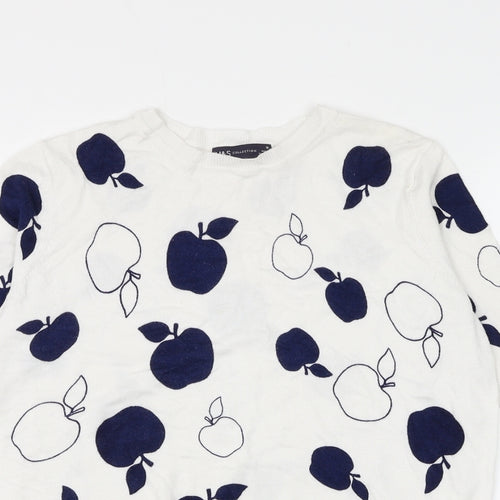 Marks and Spencer Womens White Round Neck Geometric Viscose Pullover Jumper Size 10 - Apple