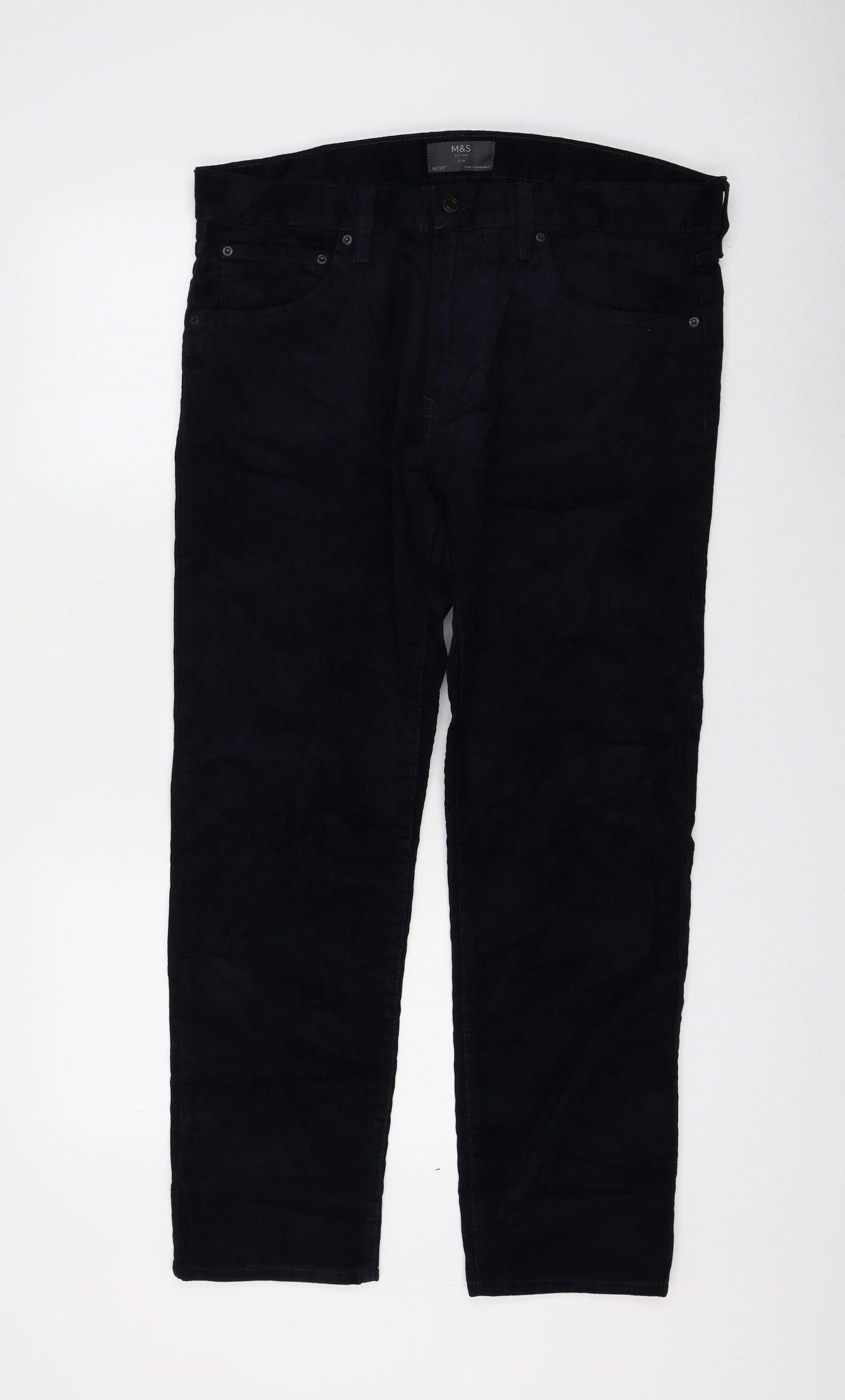 Marks and Spencer Mens Blue Cotton Trousers Size 36 in L29 in Regular Zip