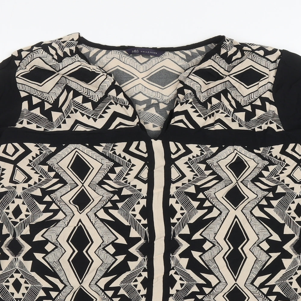 Marks and Spencer Womens Black Geometric Viscose Basic Blouse Size 16 V-Neck