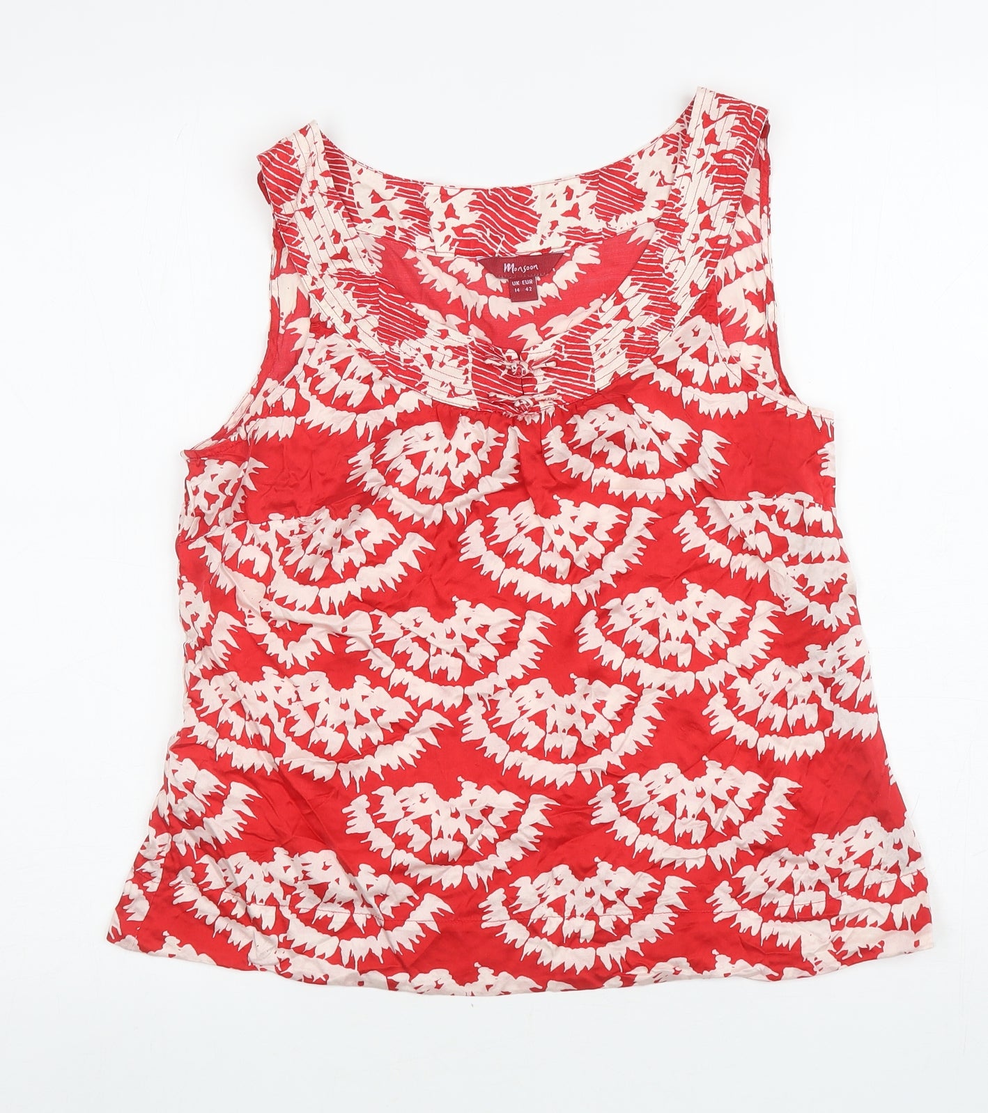 Monsoon Womens Red Geometric Silk Basic Tank Size 14 Scoop Neck