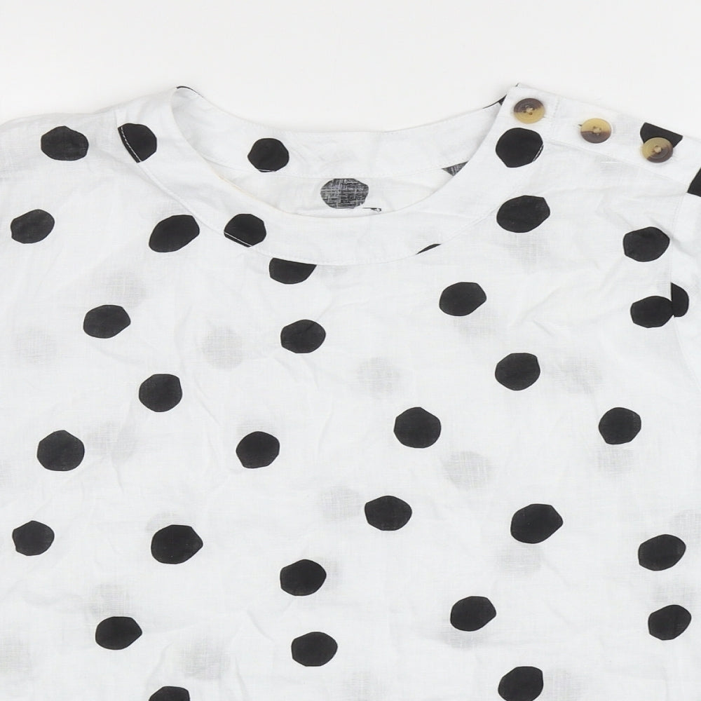 Marks and Spencer Womens White Polka Dot Flax Basic Blouse Size 14 Round Neck