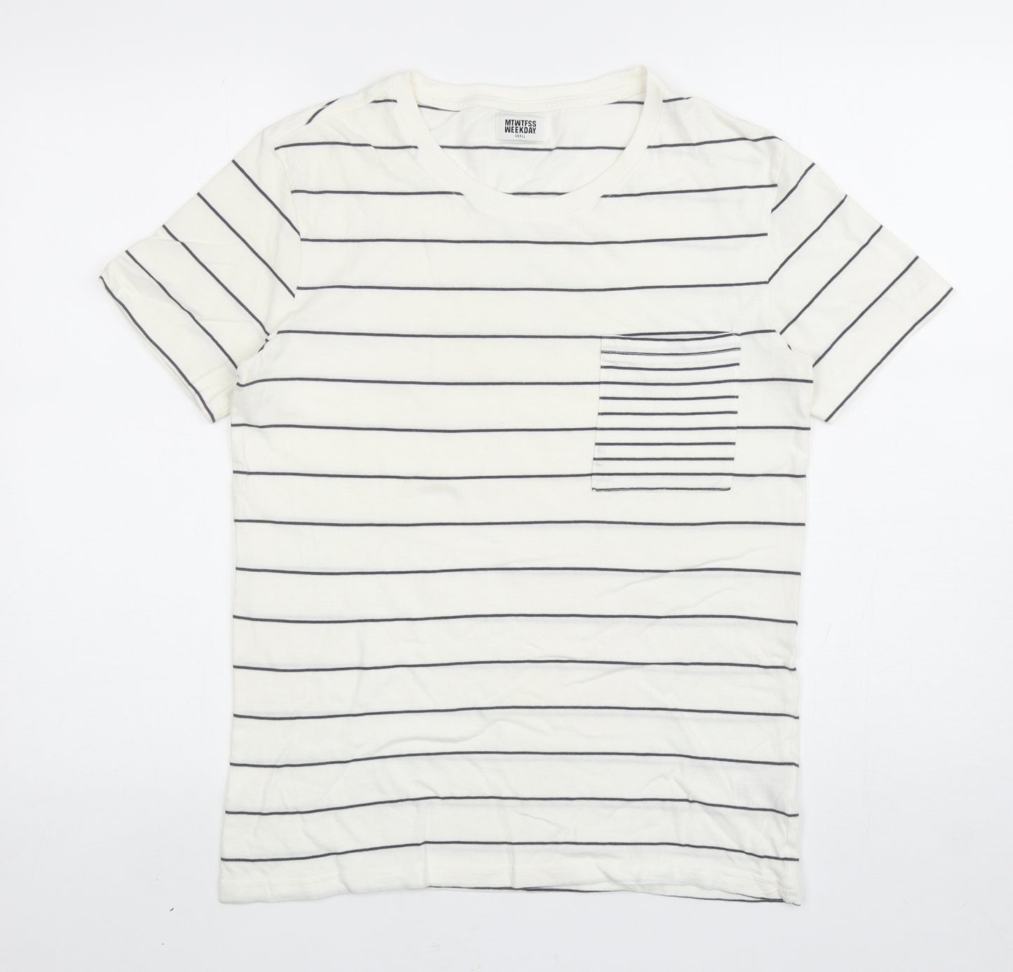 Weekday Womens Ivory Striped Cotton Basic T-Shirt Size S Round Neck