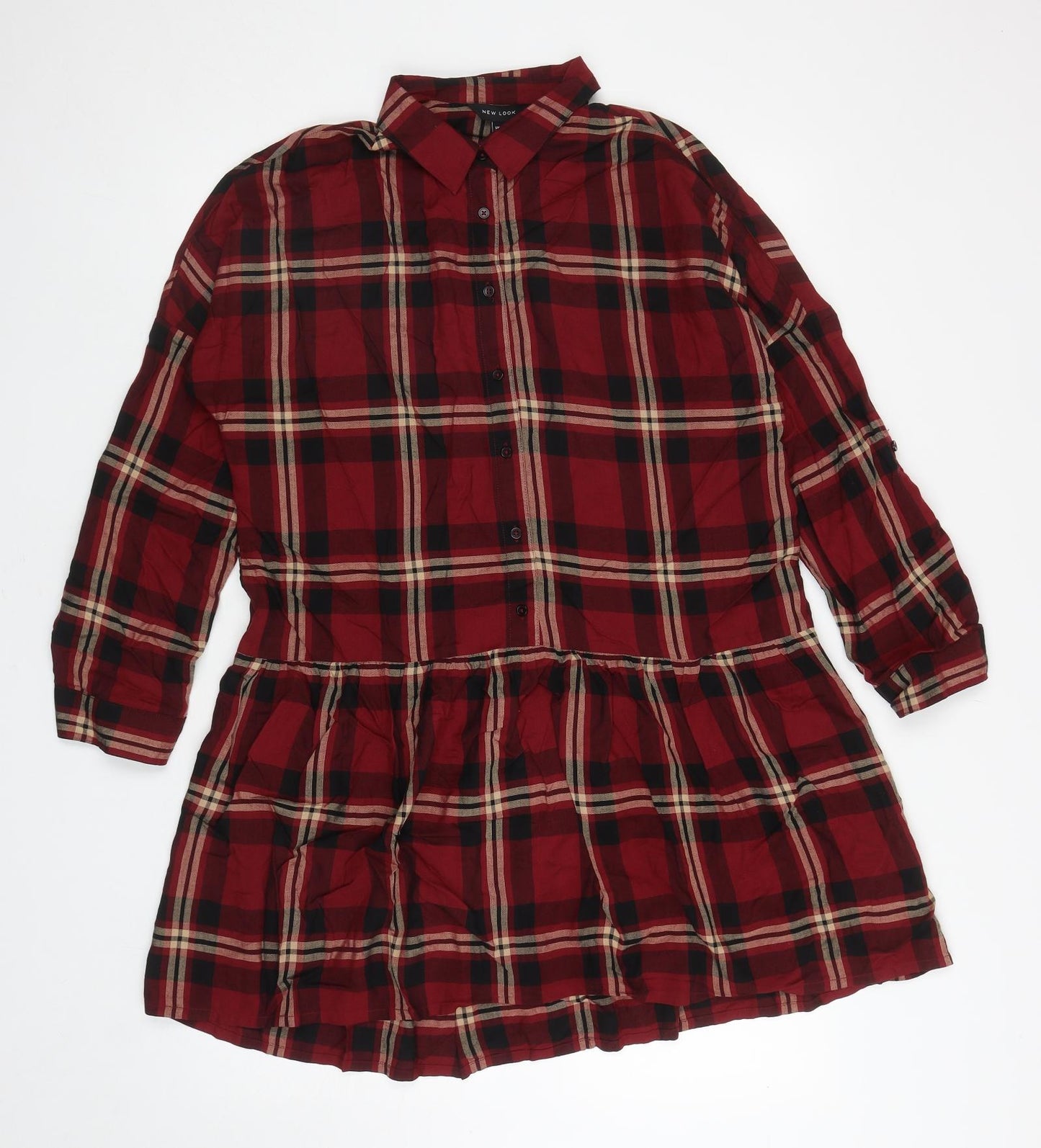 New Look Womens Red Plaid Viscose Shirt Dress Size 12 Collared Button