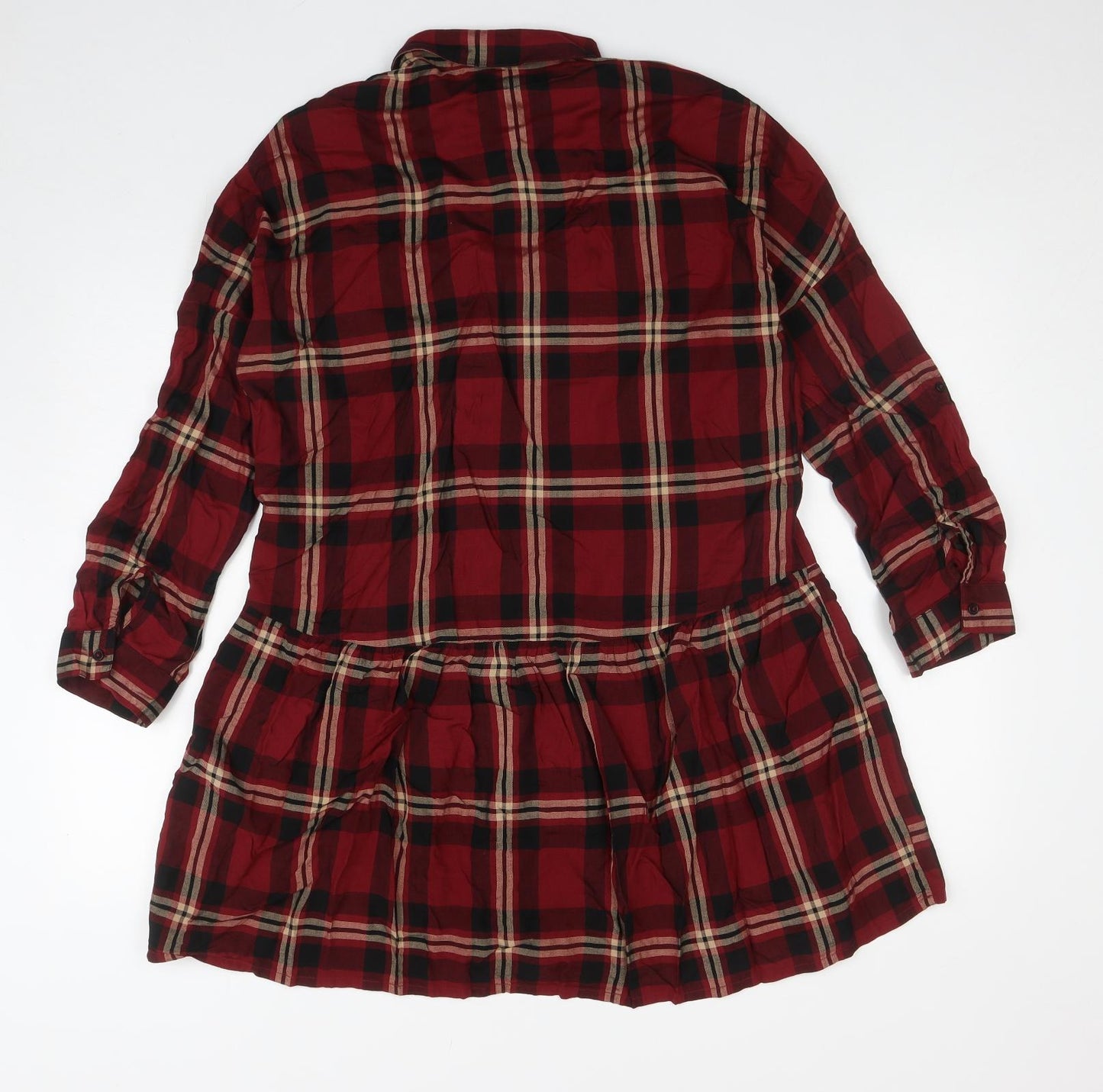 New Look Womens Red Plaid Viscose Shirt Dress Size 12 Collared Button
