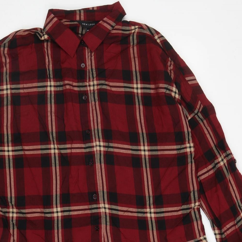 New Look Womens Red Plaid Viscose Shirt Dress Size 12 Collared Button