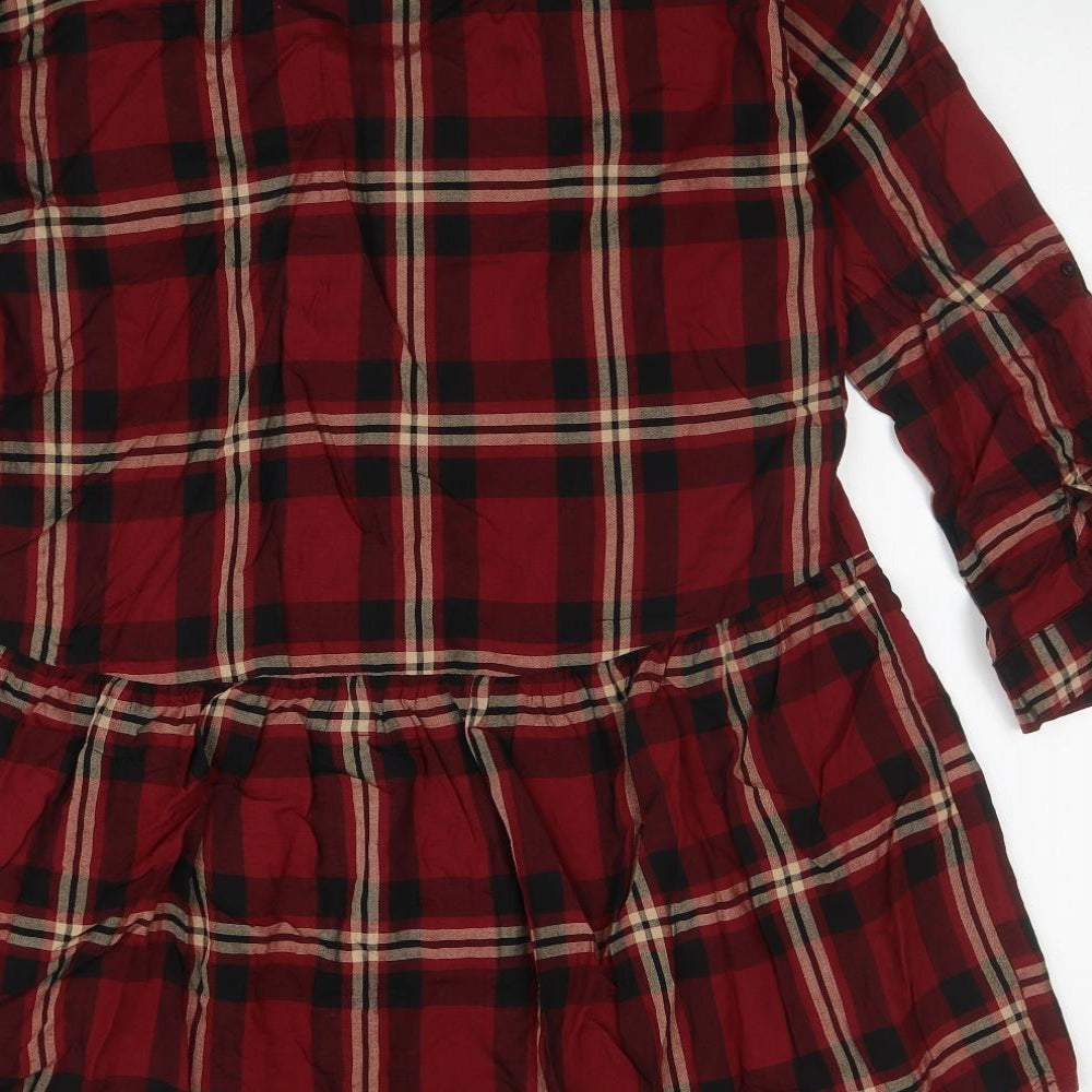 New Look Womens Red Plaid Viscose Shirt Dress Size 12 Collared Button