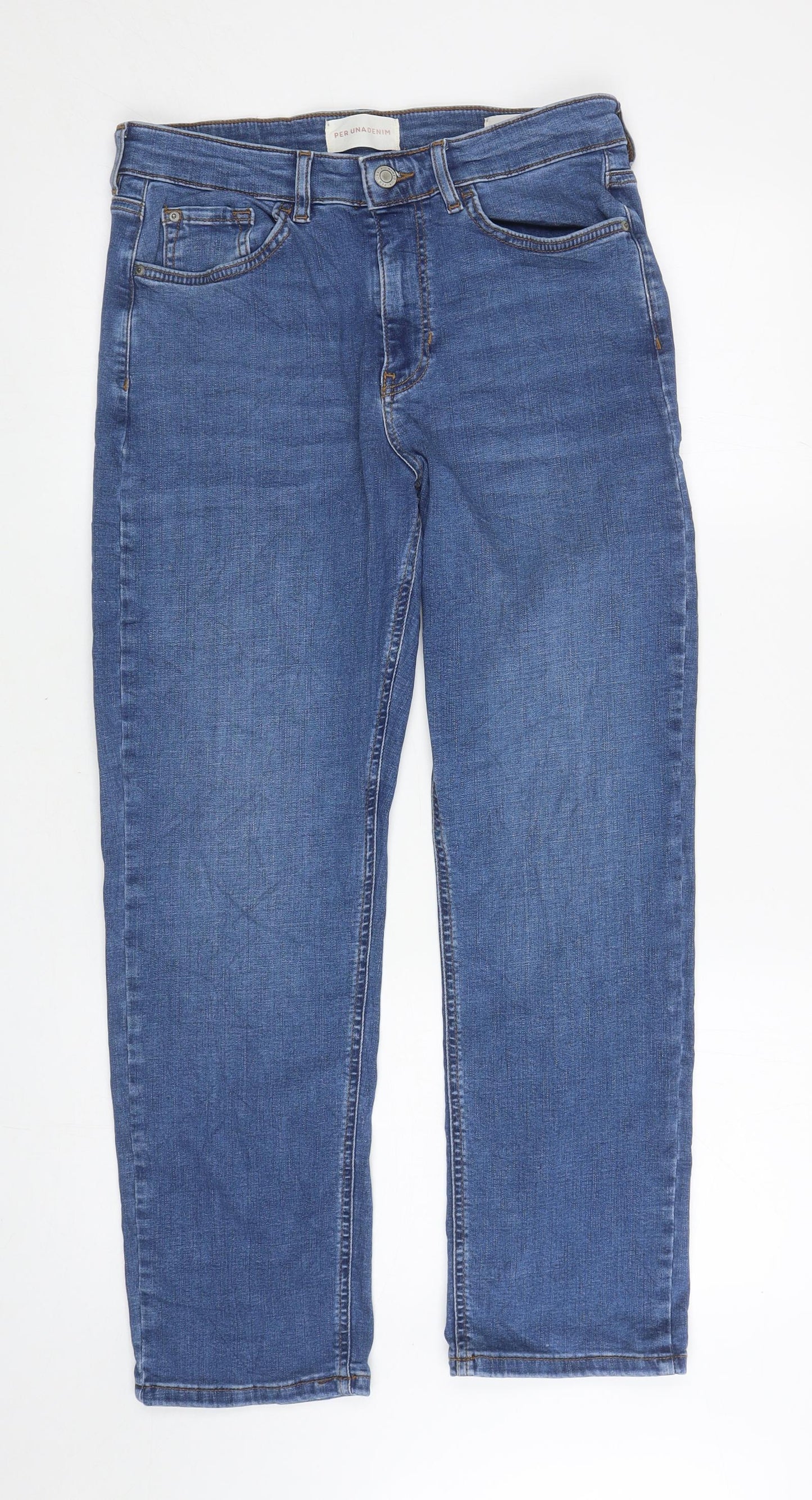 Per Una Womens Blue Cotton Straight Jeans Size 12 L27 in Regular Zip