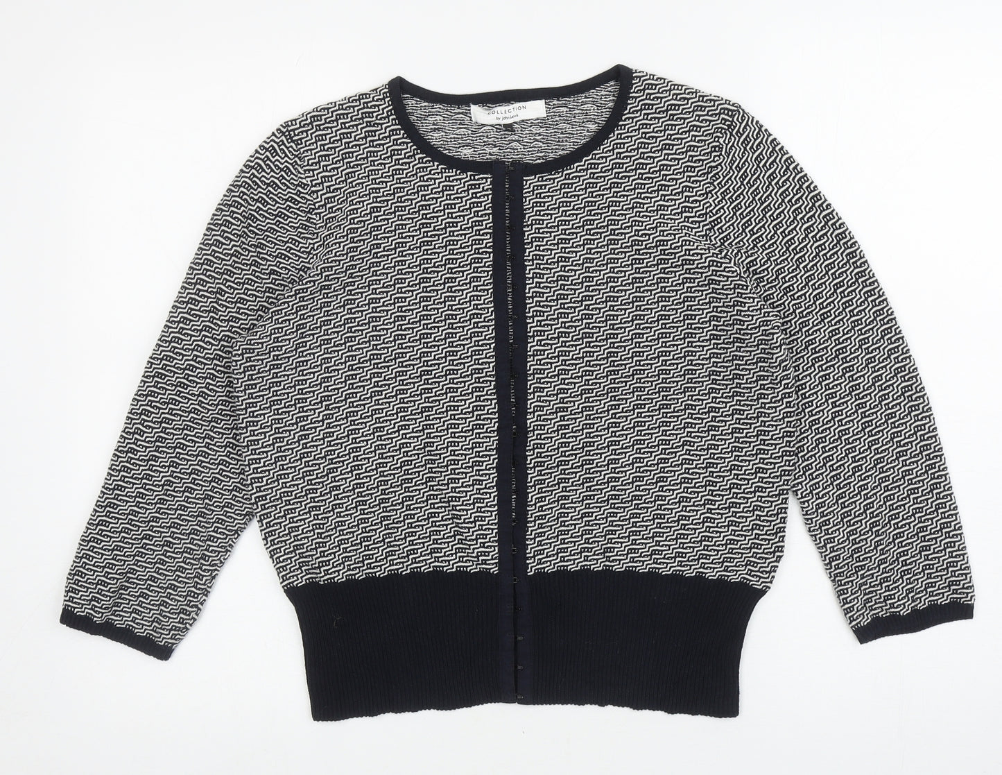John Lewis Womens Black Round Neck Geometric Cotton Cardigan Jumper Size 14 - Hook and eye