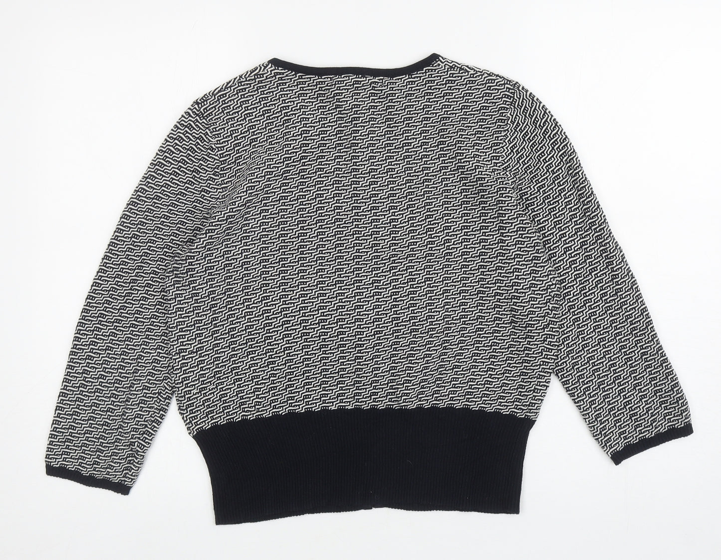 John Lewis Womens Black Round Neck Geometric Cotton Cardigan Jumper Size 14 - Hook and eye