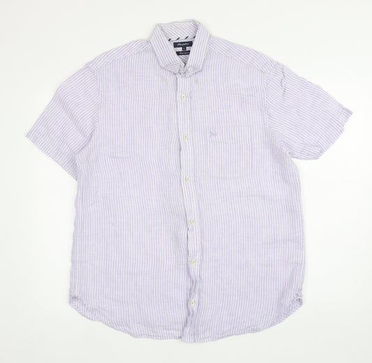 Matalan Mens Purple Striped Linen Button-Up Size L Collared Button