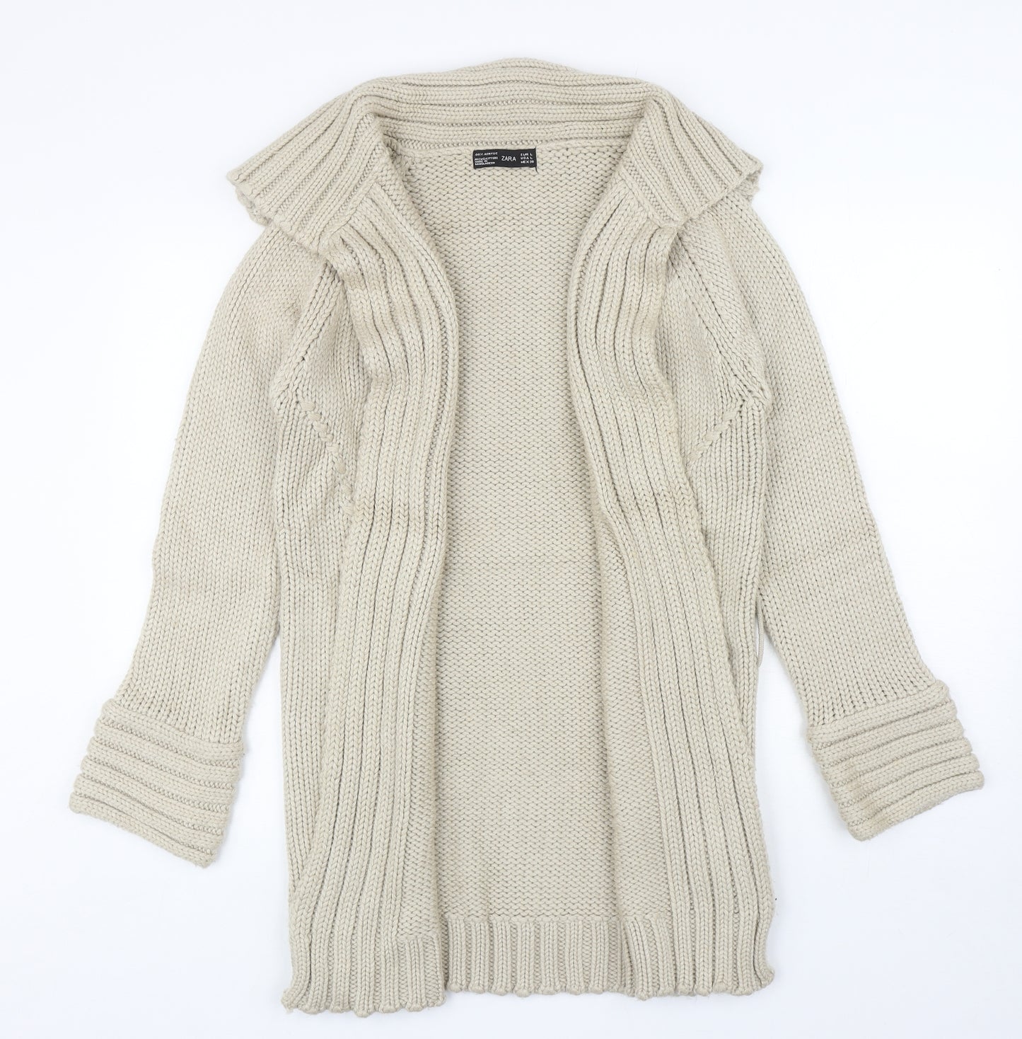 Zara Womens Beige V-Neck Acrylic Cardigan Jumper Size L