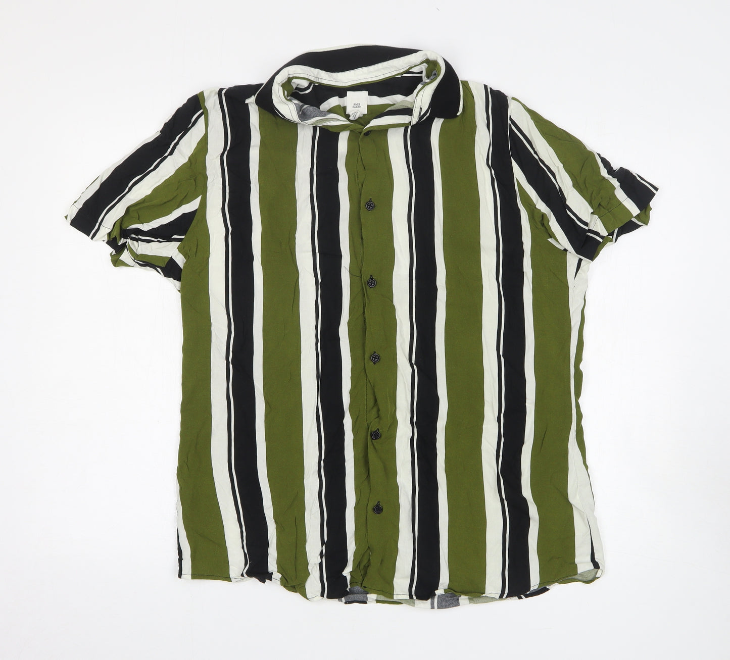 River Island Mens Green Striped Viscose Button-Up Size L Collared Button