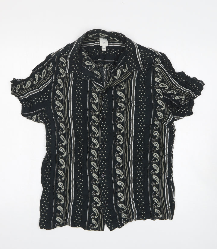 River Island Womens Black Floral Viscose Basic Button-Up Size L Collared