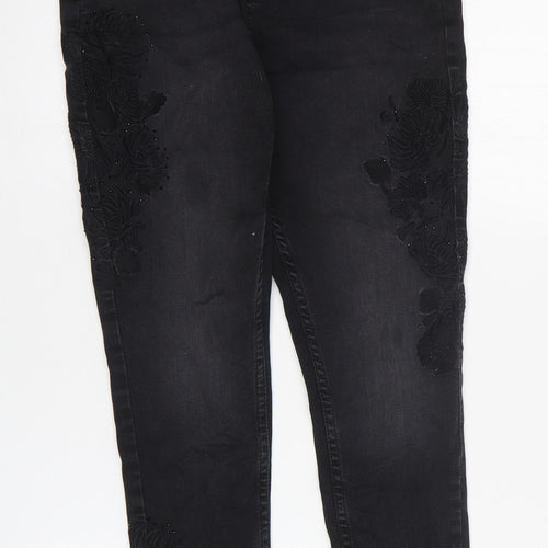 Marks and Spencer Womens Black Floral Cotton Skinny Jeans Size 12 L25 in Regular Zip