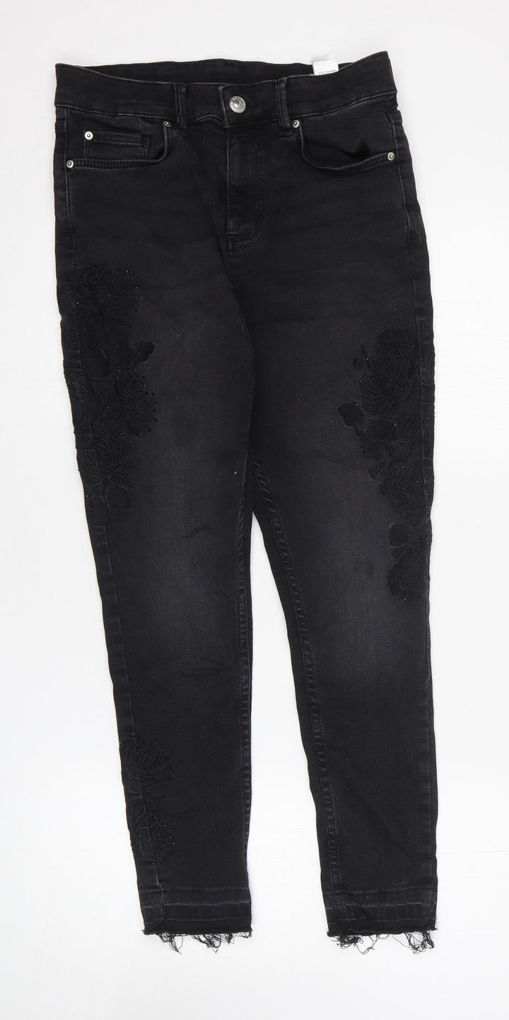 Marks and Spencer Womens Black Floral Cotton Skinny Jeans Size 12 L25 in Regular Zip