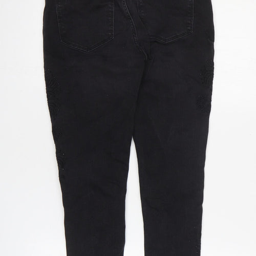 Marks and Spencer Womens Black Floral Cotton Skinny Jeans Size 12 L25 in Regular Zip