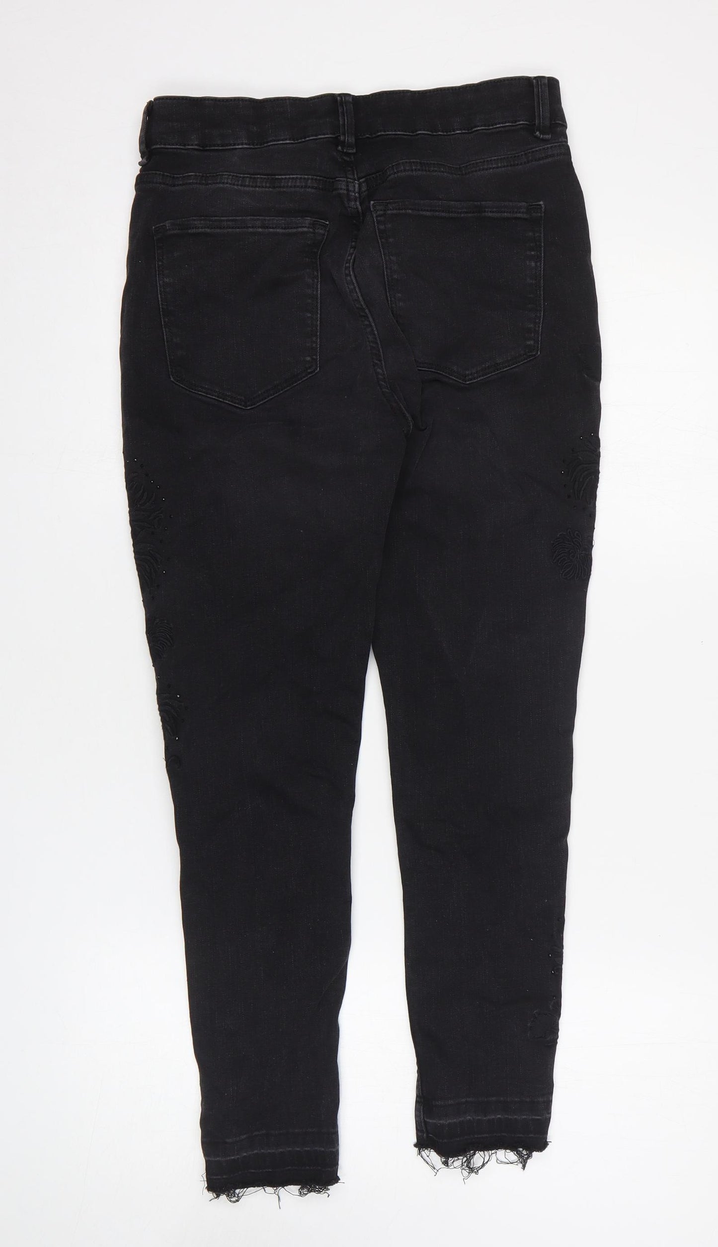 Marks and Spencer Womens Black Floral Cotton Skinny Jeans Size 12 L25 in Regular Zip