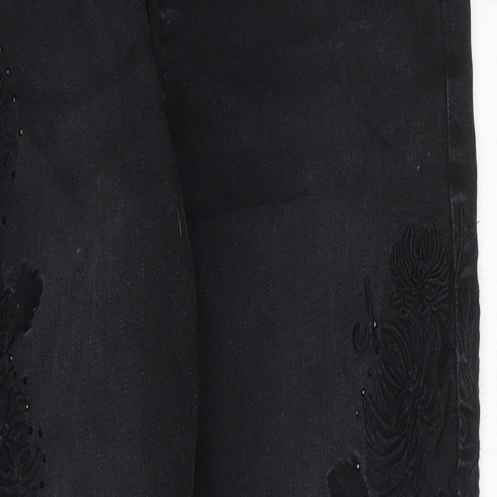 Marks and Spencer Womens Black Floral Cotton Skinny Jeans Size 12 L25 in Regular Zip