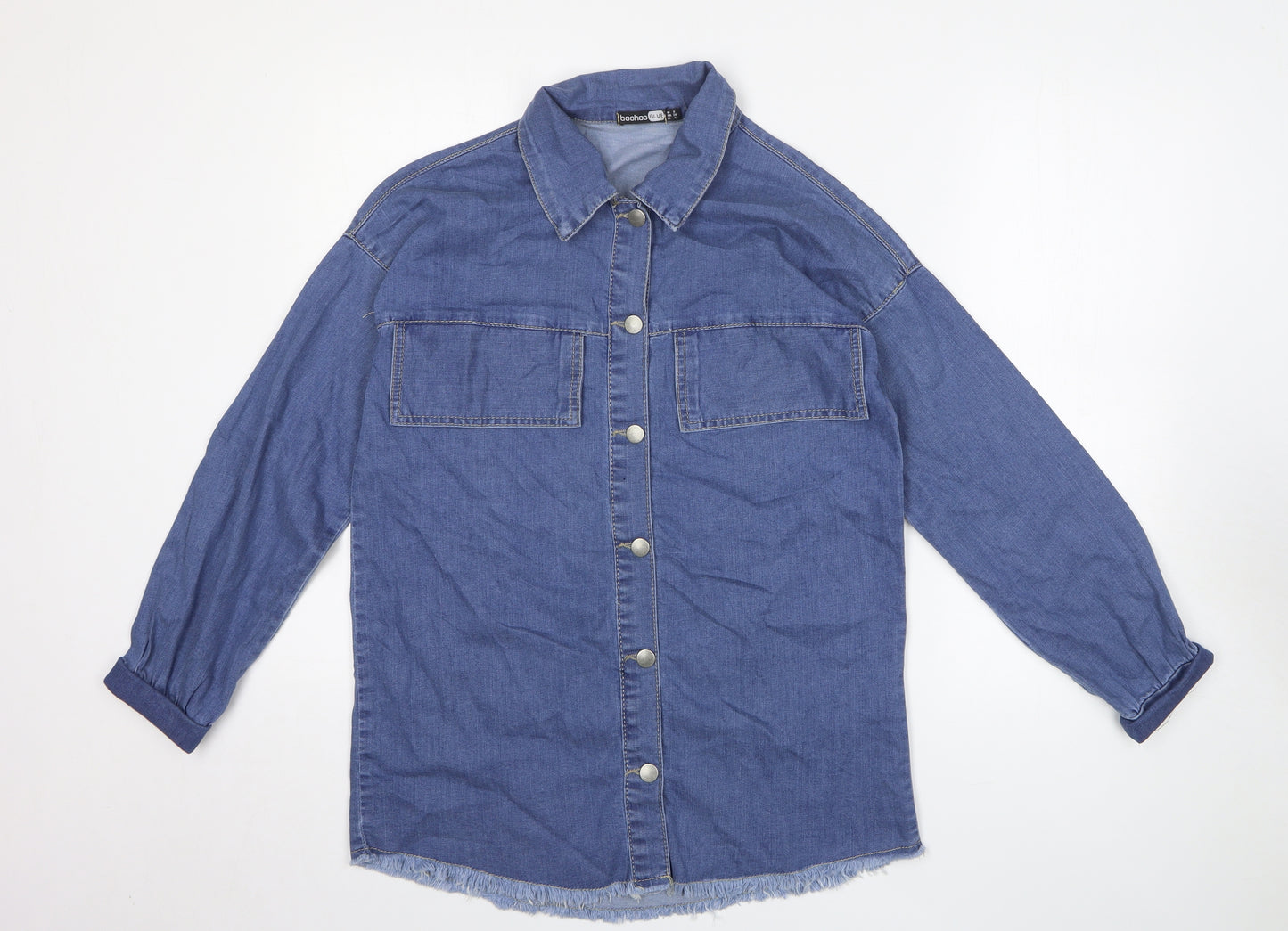 Boohoo Womens Blue Cotton Basic Button-Up Size 8 Collared
