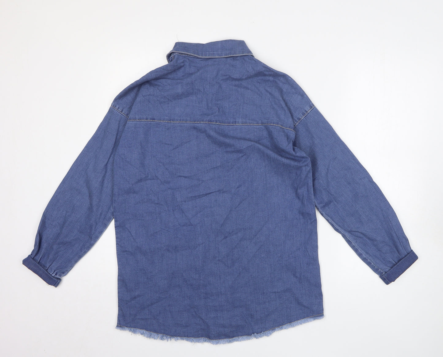 Boohoo Womens Blue Cotton Basic Button-Up Size 8 Collared