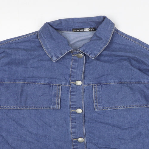 Boohoo Womens Blue Cotton Basic Button-Up Size 8 Collared