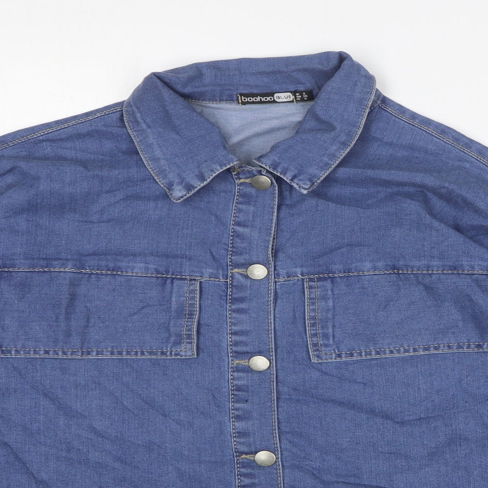 Boohoo Womens Blue Cotton Basic Button-Up Size 8 Collared