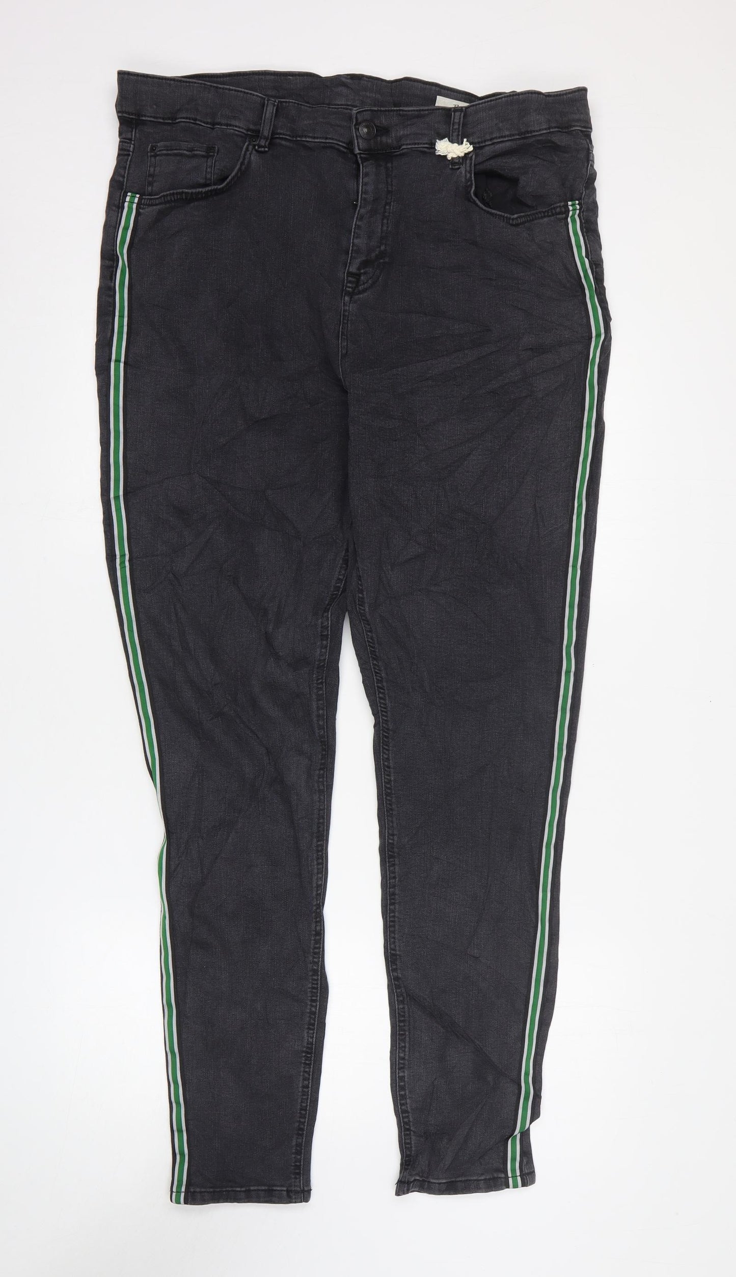 Marks and Spencer Womens Black Striped Cotton Skinny Jeans Size 20 L31 in Regular Zip - Side Stripe
