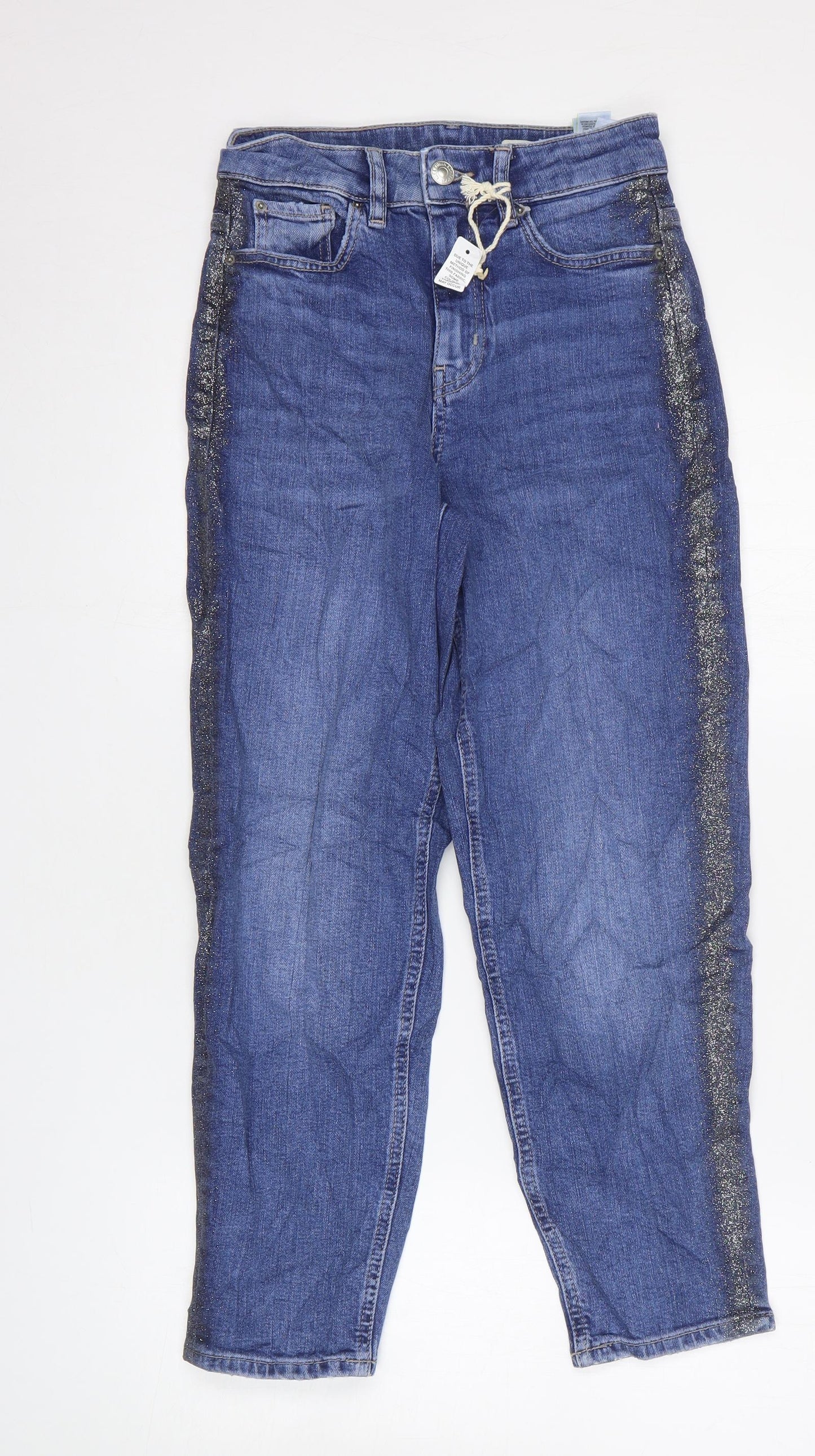 Marks and Spencer Womens Blue Cotton Mom Jeans Size 6 L25 in Regular Zip - Glitter