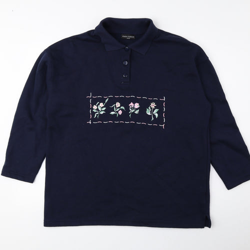 Claire Ashton Womens Blue Floral Polyester Pullover Sweatshirt Size S Button