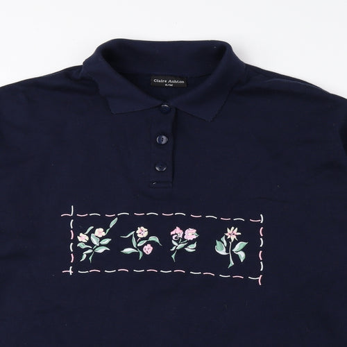 Claire Ashton Womens Blue Floral Polyester Pullover Sweatshirt Size S Button