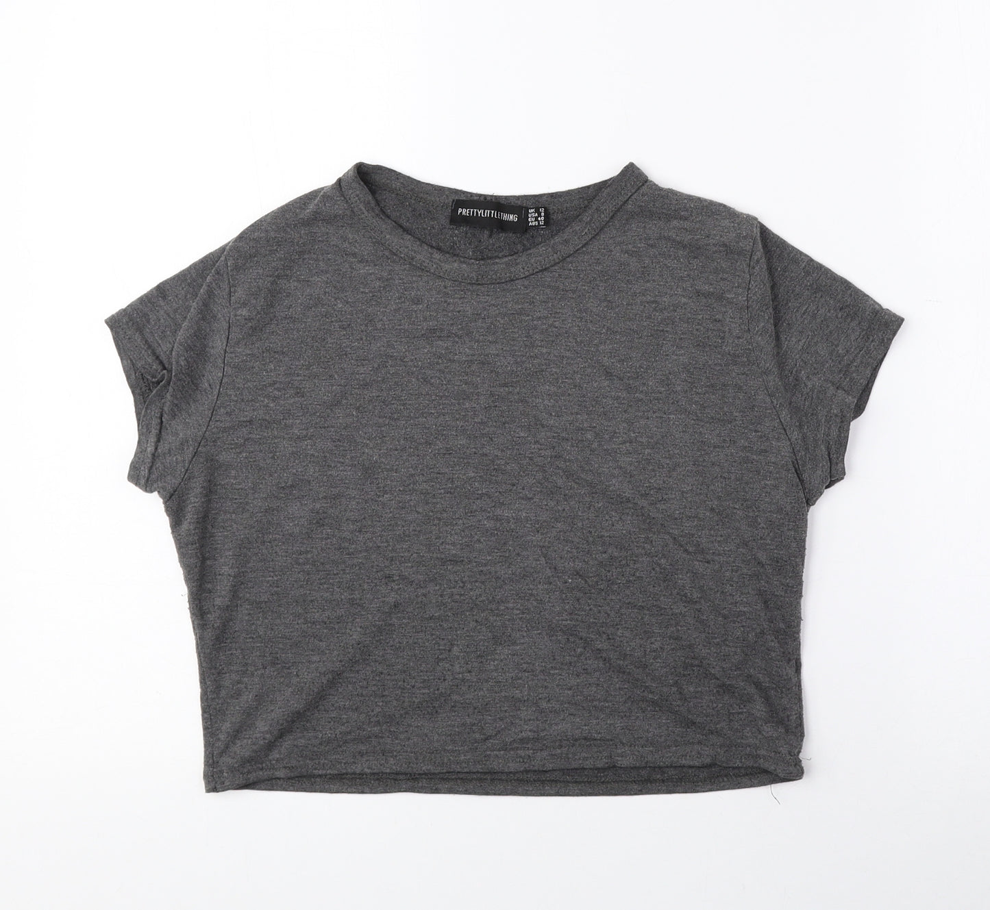 PRETTYLITTLETHING Womens Grey Polyester Cropped T-Shirt Size 12 Round Neck