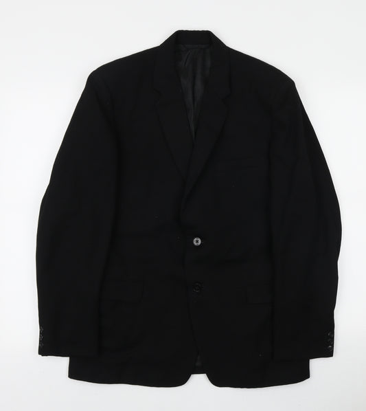 Front view of Burton Tailoring men’s black polyester jacket blazer, size L