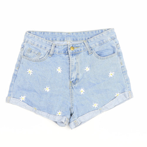SheIn Womens Blue Floral Cotton Hot Pants Shorts Size M Regular Zip