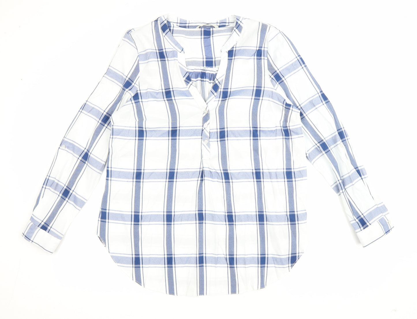 George Womens Blue Plaid Viscose Basic Blouse Size 16 V-Neck