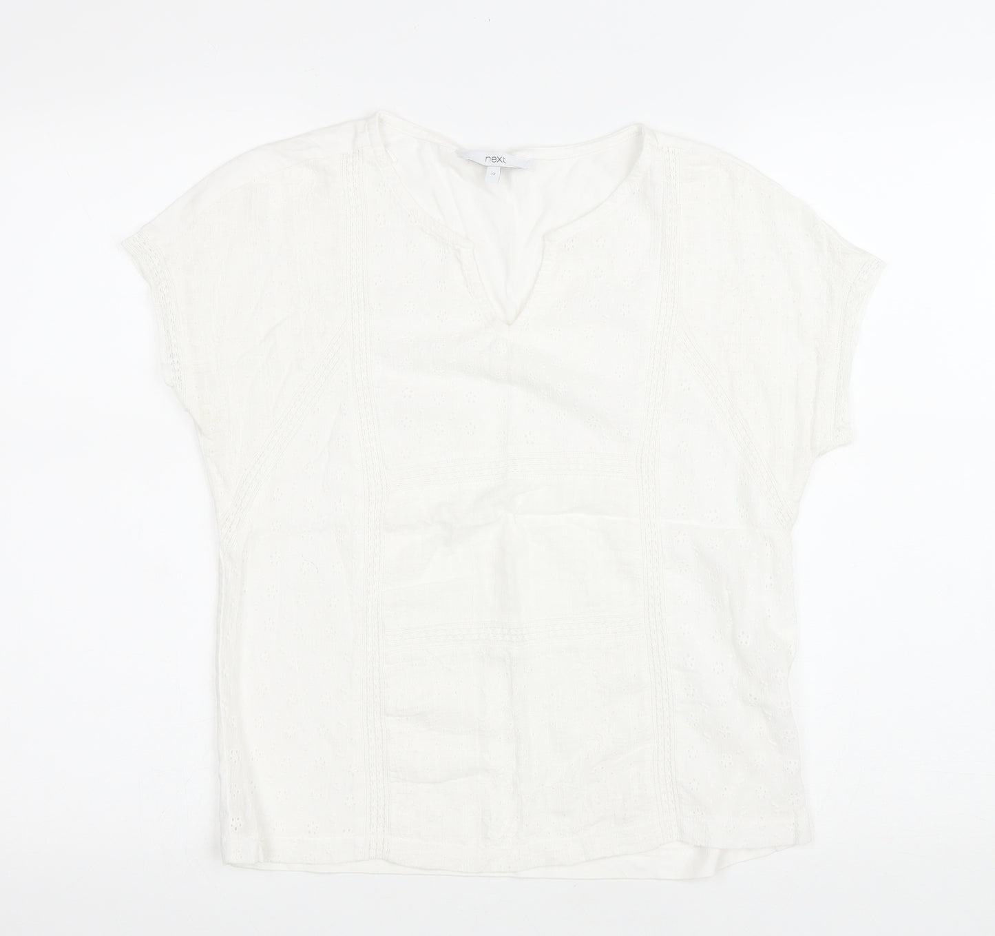 NEXT Womens White Floral Polyester Basic T-Shirt Size 12 V-Neck