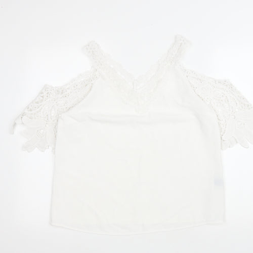 SheIn Womens White Polyester Basic Blouse Size M Collared - Lace trimming and cold shoulder