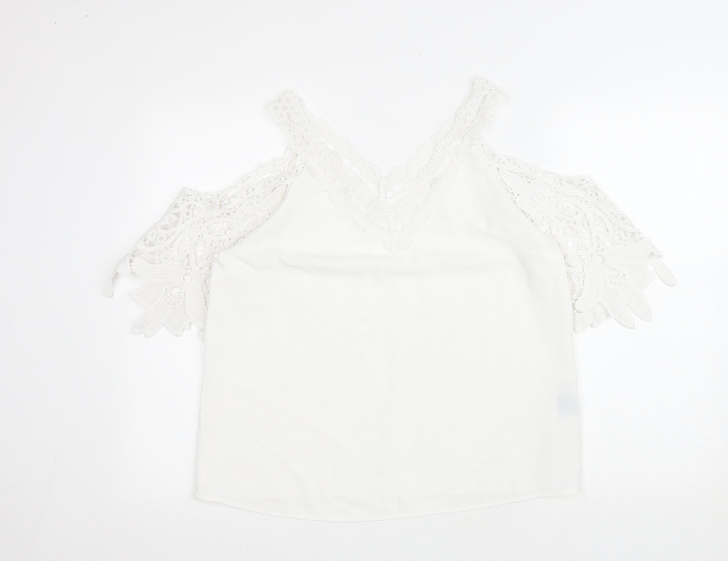 SheIn Womens White Polyester Basic Blouse Size M Collared - Lace trimming and cold shoulder