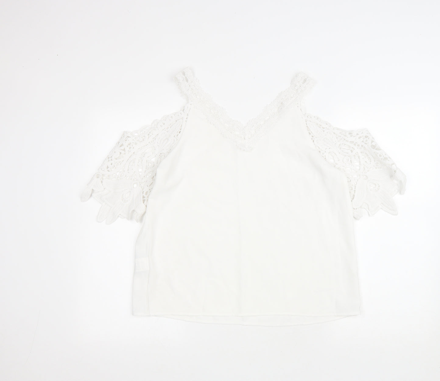 SheIn Womens White Polyester Basic Blouse Size M Collared - Lace trimming and cold shoulder