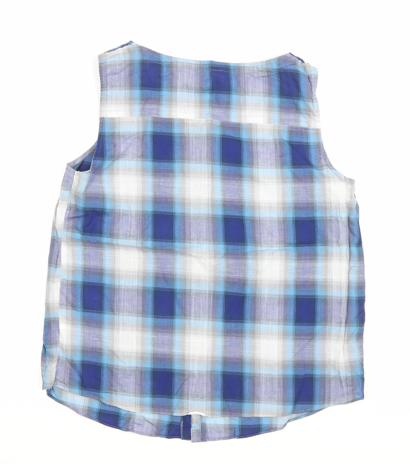 Debenhams Womens Blue Plaid Cotton Basic Button-Up Size 12 Scoop Neck