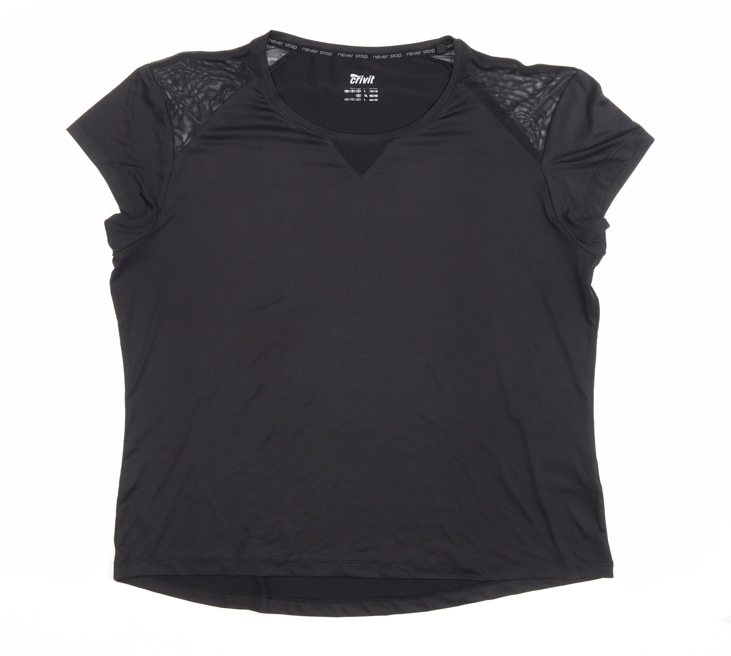 Crivit Womens Black Polyester Basic T-Shirt Size L V-Neck - Mesh Shoulder Detail