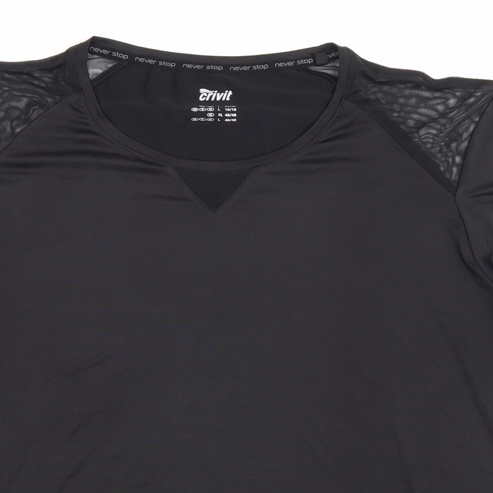 Crivit Womens Black Polyester Basic T-Shirt Size L V-Neck - Mesh Shoulder Detail